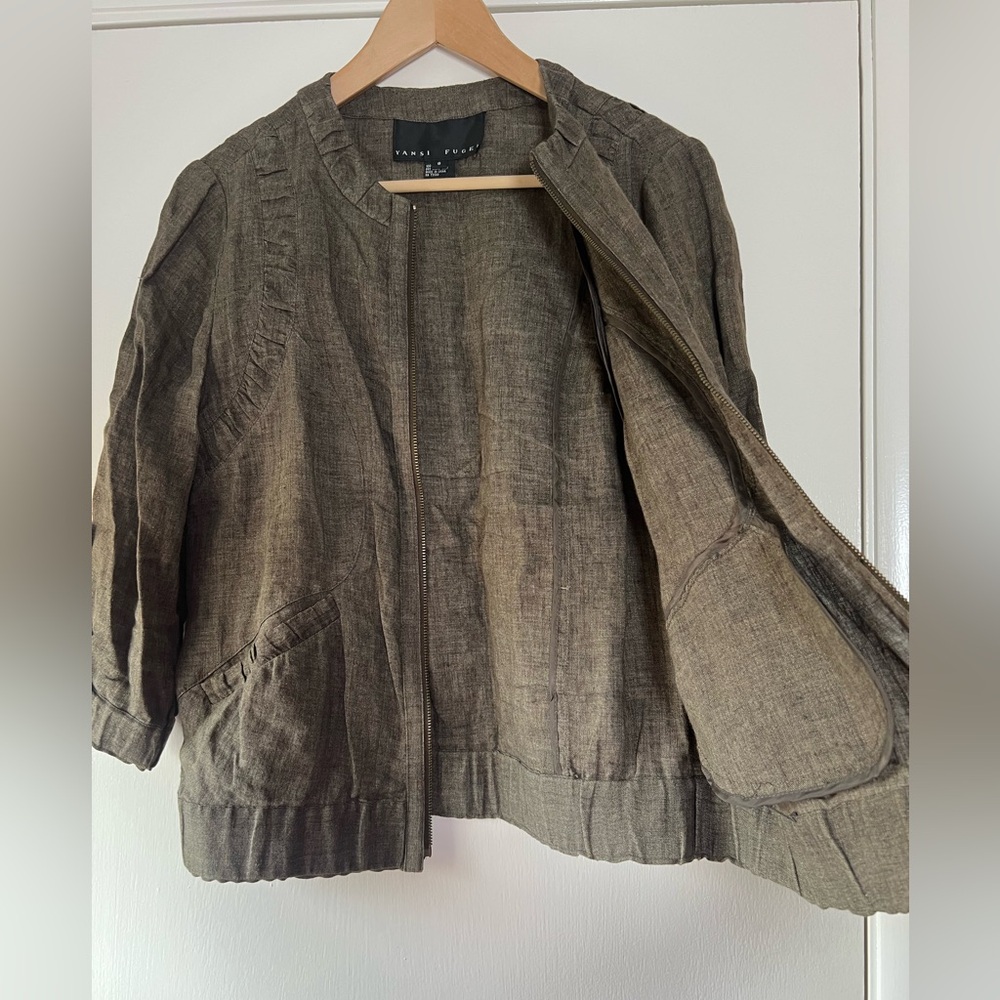 Yansi Fugel 100% Linen Bomber Utility Jacket Zip Front Ruched Soft Girl Artsy - Picture 10 of 10